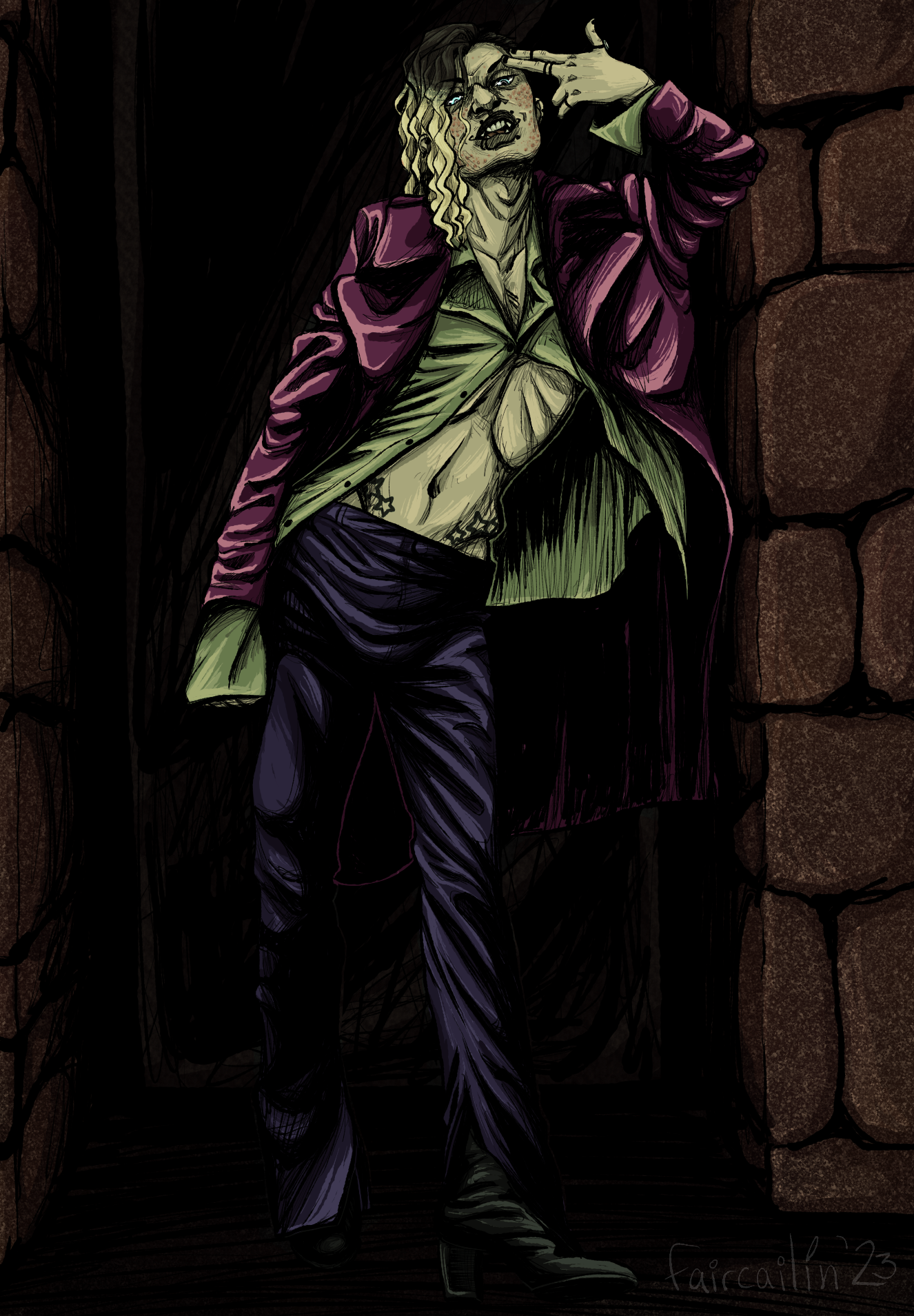 A full body illustration of my unnamed Malkavian OC. He's an early-twenties, white vampire, with glowing blue eyes, and long, curly, bleach-blonde hair thats been shaved on one side. He wears a button up with only one button done, a long, purple leather coat, dark purple slacks, and black leather boots. He leans against a brick wal with one hair pointing a finger-gun toward his own head.