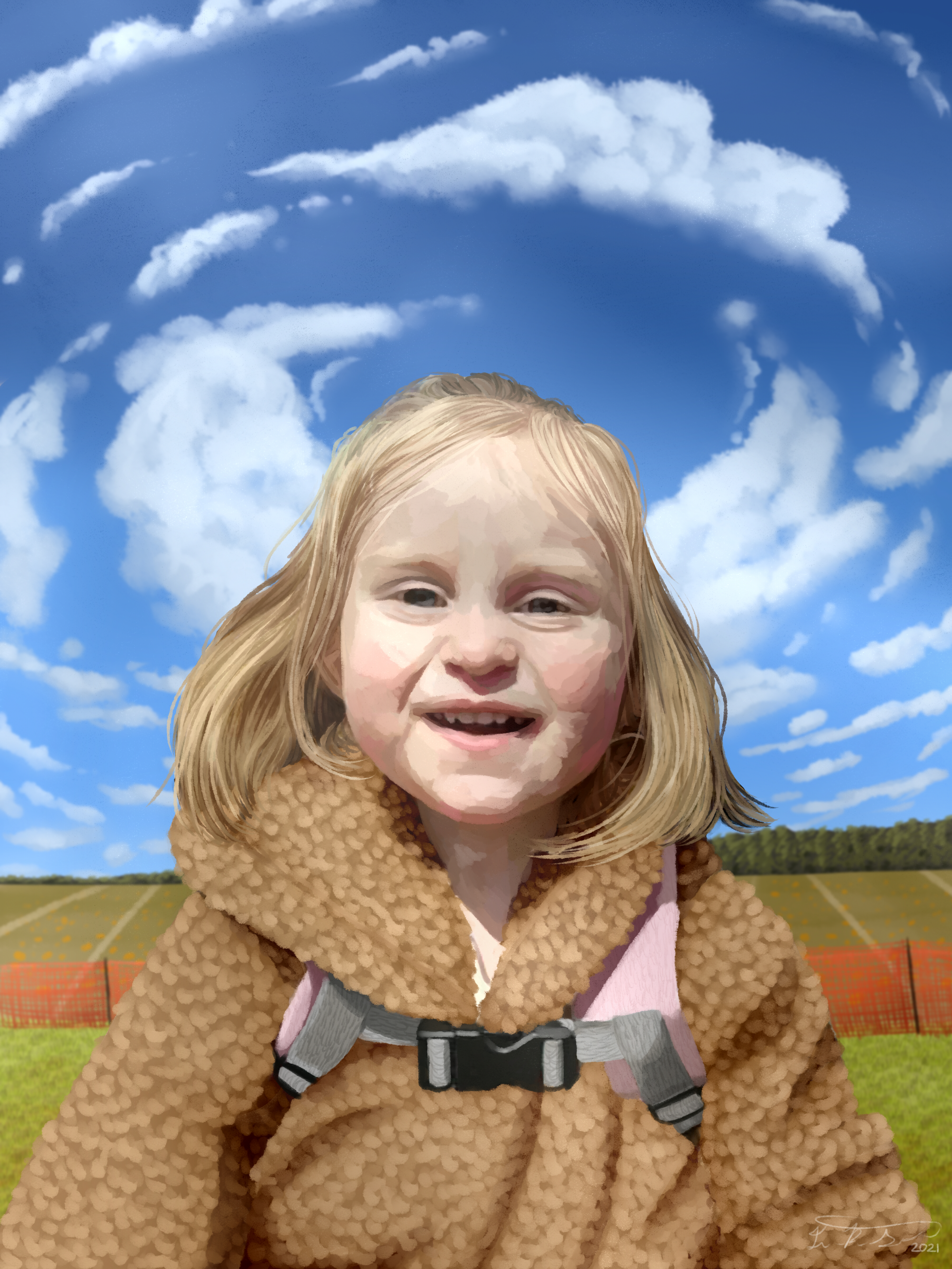 Another painting of my niece, this time as a two year old. She's wearing a fluffy brown coat and pink backpack. She's smiling at the camera in front of a pumpkin field and a bright blue sky, with the clouds circling her head as if it were a halo.