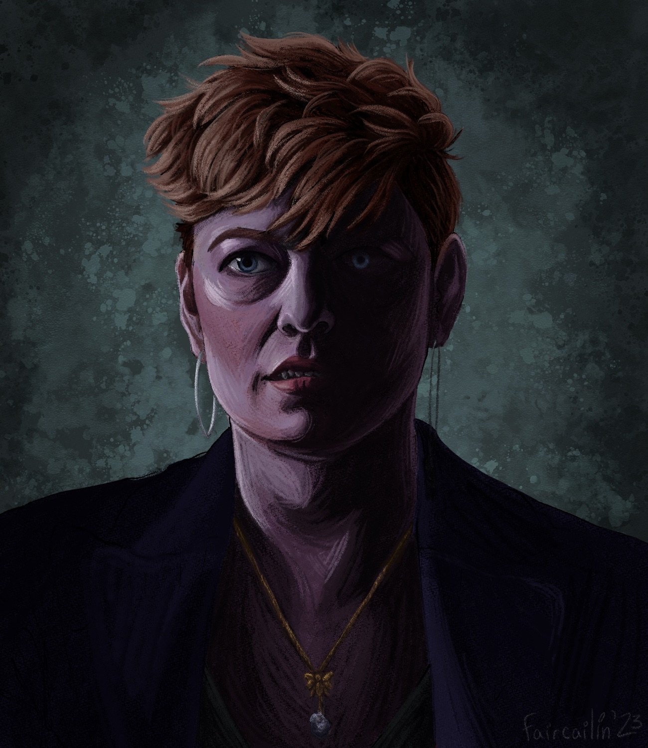 A portrait of Fiona from LA by Night. She's a white, middle aged vampire with short orange hair and blue eyes. Shes wearing gold earrings, a necklace, and a black blazer. Half of her face is in the shadows, but her eyes glow through the darkness.