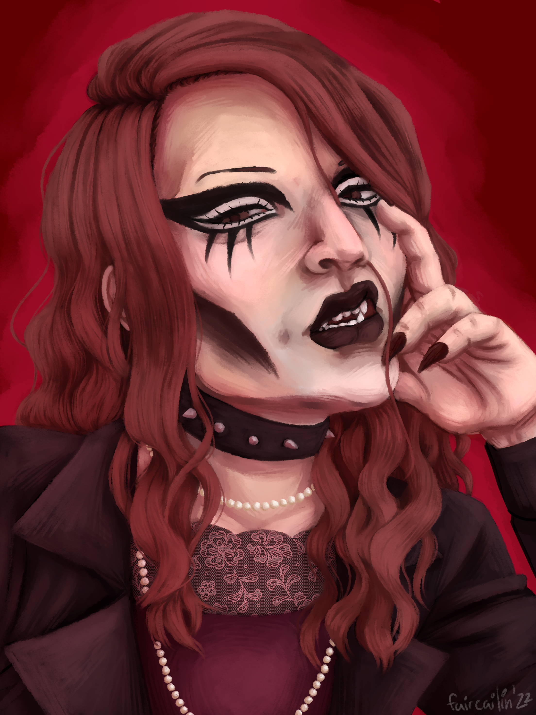 A portrait of my LA by Night OC, Gabriel Moore. He's a white vampire in his mid-twenties with long, curly, red hair and brown eyes. He's wearing a blouse with a lace collar, a pearl necklace, spiked collar, and a black jacket. He has exaggerated gothic makeup, and looks to the viewer with a bored expression.