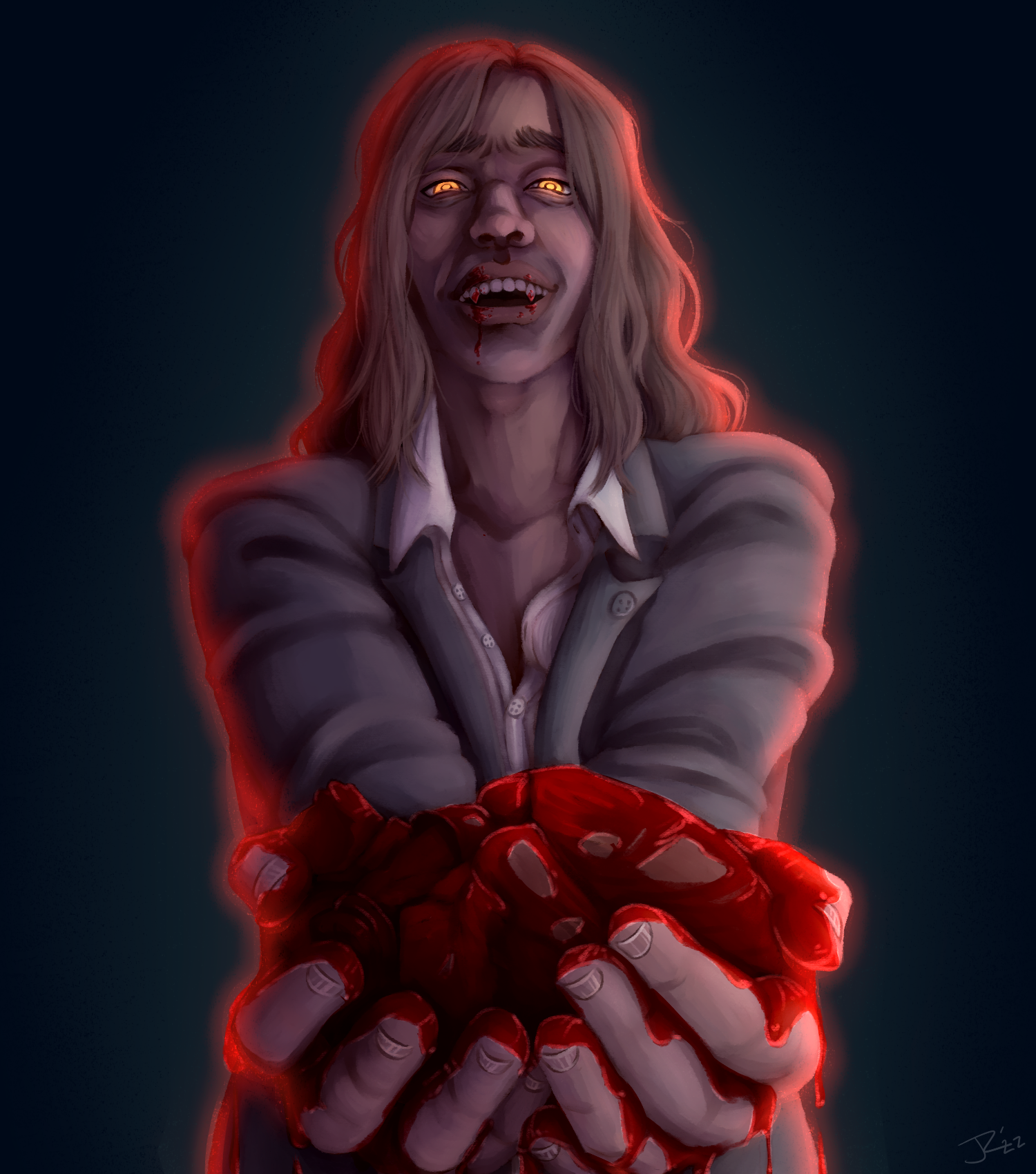 A waist up painting of Mr.Damp from VtM:Bloodlines 2. He's a mid-twenties white vampire with shoulder-length light brown hair, and glowing golden eyes. He wears a white dress shirt with the collar undone, and a grey suit jacket. He's grinning while holding a human heart out to the viewer, and blood drips down his mouth and hands.