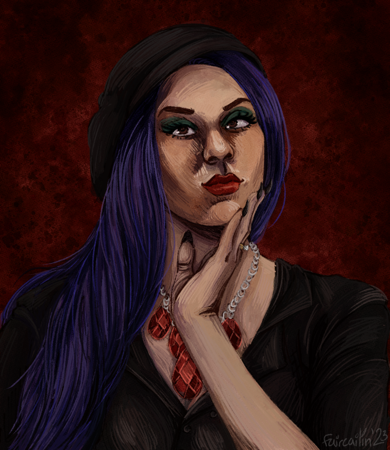 A portrait of Nelli G. from LA by Night. She's a latina vampire in her early thirties, with long, straight, dark blue hair and brown eyes. She's wearing a black beret and blouse, and a necklace with very large red crystals on it. She has her hand to her face and give the viewer a coy smile.