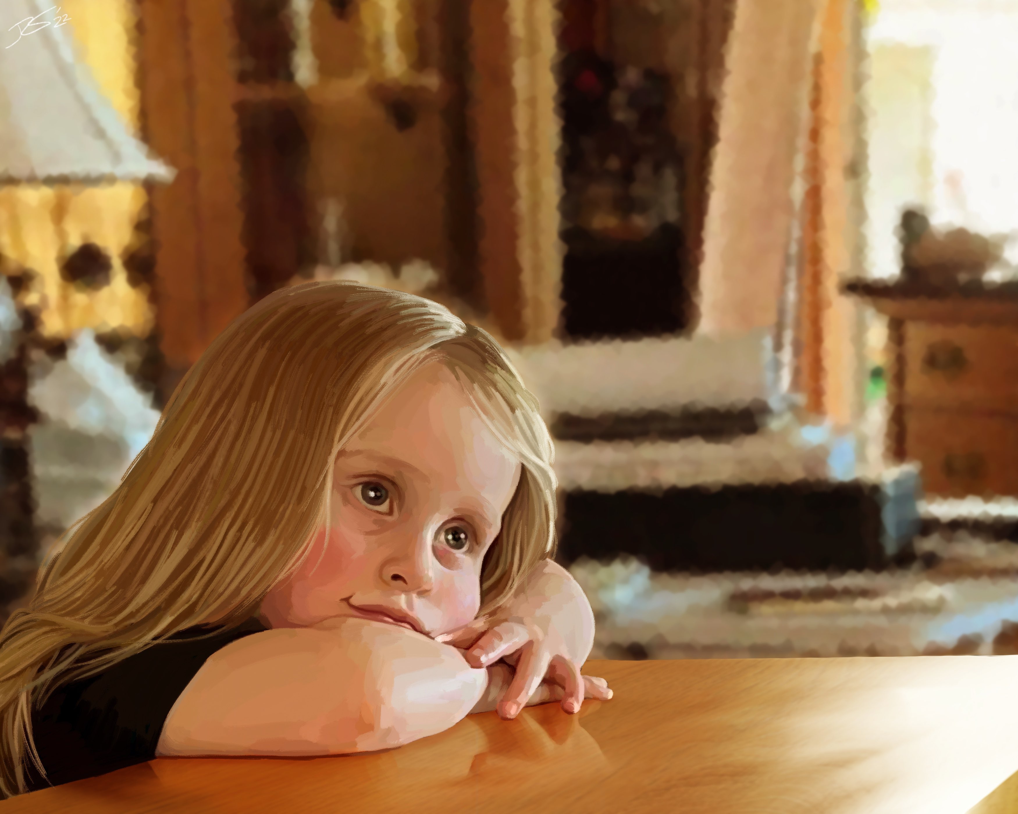 A painting of my niece sat at a living room table, with her head resting on her crossed arms. She is a three year old white girl, with long blonde hair and blue eyes. She has a slight grin as she looks up at something out of view.