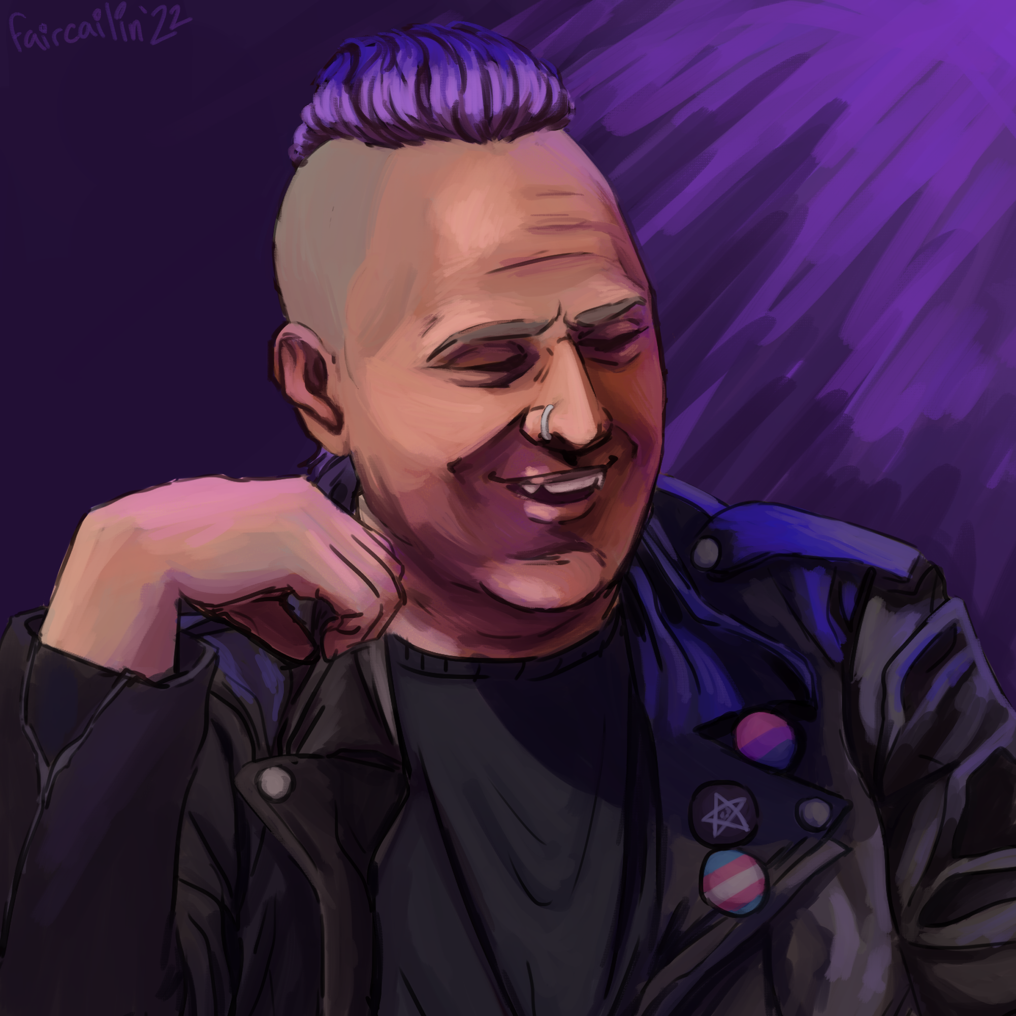 A messy portrait of Carver from LA by Night. He's a middle-aged white vampire with a slicked-back purple mohawk, and a silver nose piercing. He's wearing a black t-shirt and a leather motorcycle jacket with a few buttons on it. He's smiling and has his hand up, like when someone makes an UwU face.